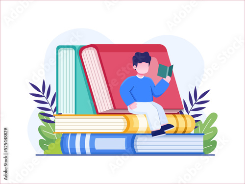 People Sitting On Stack Big Book And Reading a Book Vector Illustration.
Happy people relaxing with book cartoon vector illustration.
Happy International Literacy Day on 8 September.