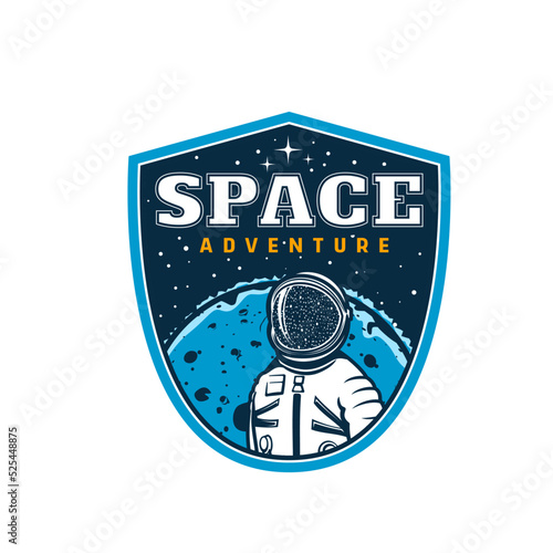 Astronaut in space. Space adventure vintage emblem, cosmos exploration vector icon with astronaut in spacesuit, galaxy stars and moon. Moon program, space travel retro badge