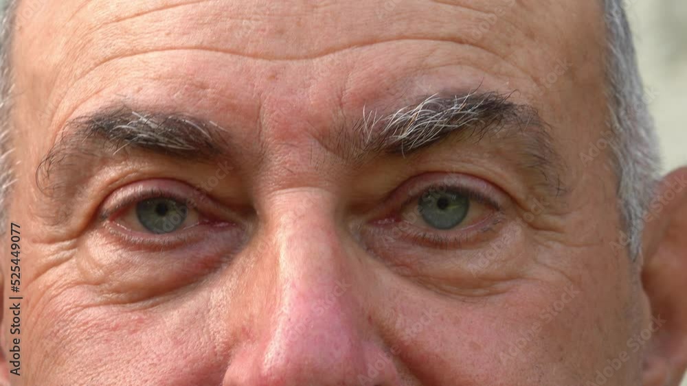 The upper part of the face of a balding middle-aged man with wrinkles on his forehead and blue eyes. The upper part of the face of a balding middle-aged man with wrinkles on his forehead and blue eyes.