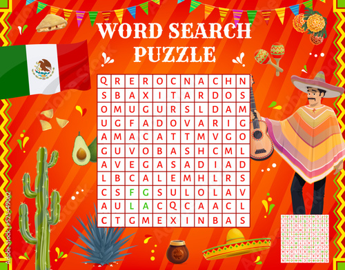 Mexican musician, sombrero, flag and food. Word search puzzle game worksheet. Kids quiz grid, riddle or vocabulary vector game with mexican maracas, cactus and agave, marigold, avocado and quesadilla