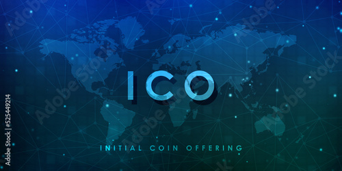 ICO initial coin offering futuristic hud background with world map and blockchain peer to peer network. Global cryptocurrency ICO coin sale event - blockchain business banner concept.