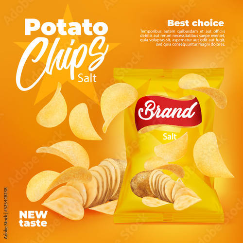 Realistic salty flavored potato chips snack food package. Falling chips, potato turning into crispy snack, yellow foil packaging packet, container on chips advertising vector poster or flyer