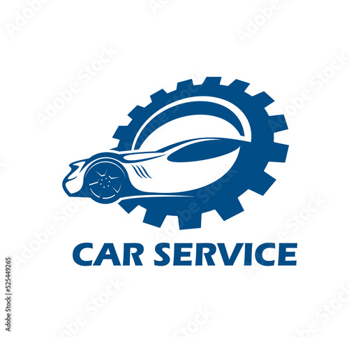 Car service icon. Auto repair workshop vector emblem, vehicle spare parts shop or store sign or blue icon with sport car silhouette, engine or transmission gear teeth wheel