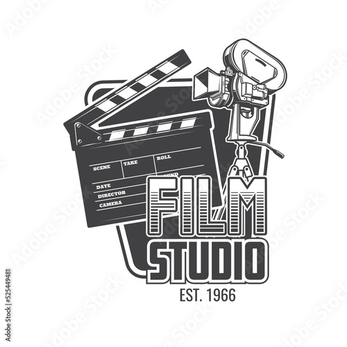 Film studio icon. Cinema and movie theater retro symbol, cinematography and filmmaking studio vector vintage emblem, monochrome icon with retro professional film camera, clapperboard