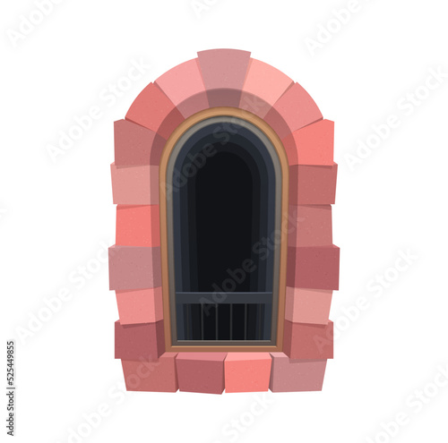 Cartoon medieval castle prison window. Arabic jail exterior window. Medieval palace or castle prison isolated vector window with stone or red brick arch, metal grates or steel lattice