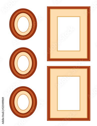 Picture Frame Gallery Collection in Cherry Wood.  Three oval, two portrait empty frames with mats, isolated on white, copy space to add your favorite images for home decor, albums, and scrapbooks.
