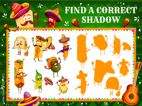 Find correct shadow of cartoon mexican tacos, avocado and enchiladas , burrito and nachos, churros and jalapeno characters. Kids find shadow game or riddle vector worksheet with matching activity