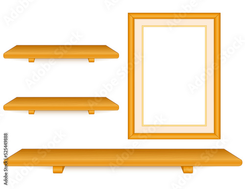 Wall Group, Oak Wood Shelves, Picture Frame. Collection of three empty shelves and portrait frame with mat, isolated on white, copy space to add your favorite books, art, image and treasures