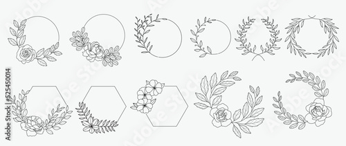 Minimal botanical wedding frame elements on white background. Set of wreath, rose flowers, leaf branches in hand drawn pattern. Foliage line art design for wedding, card, invitation, greeting, logo.