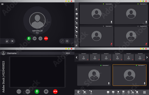 Videocall interface, video call screen or conference chat UI template, vector overlay. Videocall display on computer of phone video chat app with zoom, microphone and camera icons of online video call