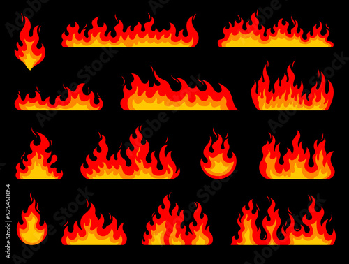 Cartoon fire flames. Bonfire fire. Hell and devil flame, campfire or fireplace fire, wildfire blaze hot red and orange flames frame borders or isolated vector fire dividers set