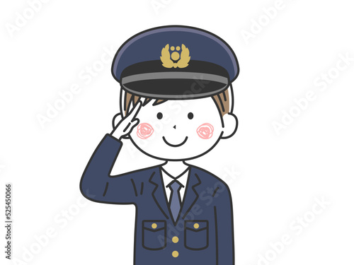 敬礼をする、警察官の男性の上半身のイラスト