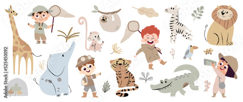 Set of safari animal vector. Friendly wild life with zebra, tiger, giraffe, elephant, lion, monkey, boy and girl in safari suit. Adorable animal and many characters hand drawn on white background. © TWINS DESIGN STUDIO