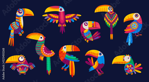 Cartoon mexican and brazilian toucans, funny bird characters, isolated vector. Mexico or Brazil tropical toucan birds with folk ethnic ornament or Latin alebrije art colorful pattern