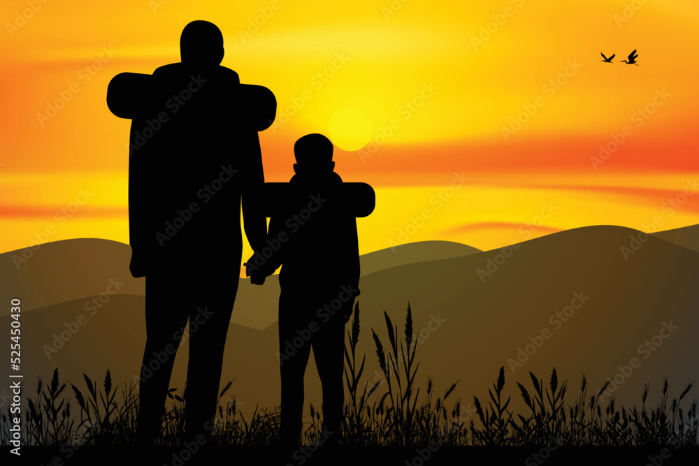 father and son hiking silhouette