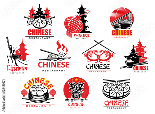 Chinese cuisine restaurant icons with noodles, dumplings and chopsticks. Vector ssian food signs. Chinese restaurant menu symbols with dragon, mantis and pagodas with red lanterns and China flag