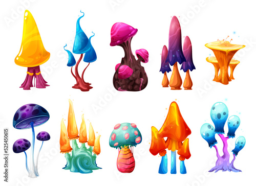Magic fairy cartoon mushrooms set. Vector fantasy toadstools, hallucinogenic fungi, isolated alien unusual plants with curve stipes and odd colorful caps. Natural poisonous fairytale game asset