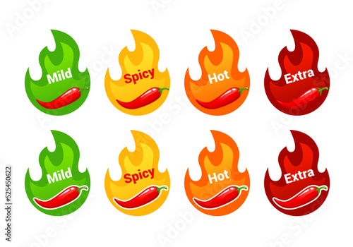 Hot spicy level labels with fire flames. Tabasco sauce or cayenne pepper spicy scale with fire flames. Ketchup, hot spice or meal taste meter icons, vector indicators or stickers