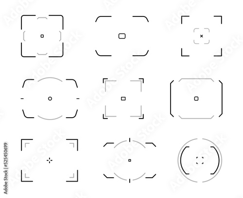 Camera focus icons, autofocus frames of viewfinder, vector photo and video screen. Digital camera lens focus or view finder display with zoom and cam record autofocus line frame targets