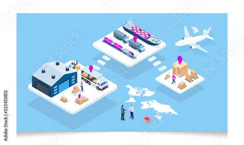3D isometric concept of Global logistic network and Smart Logistics with Delivery, transport, export, import, cargo and more.