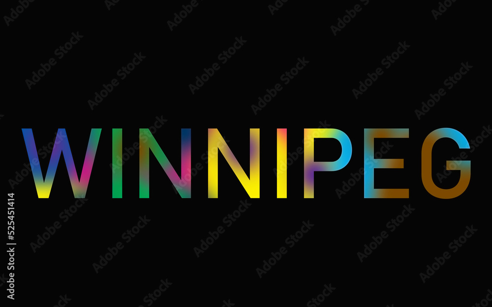 Rainbow filled text spelling out Winnipeg with a black background 
