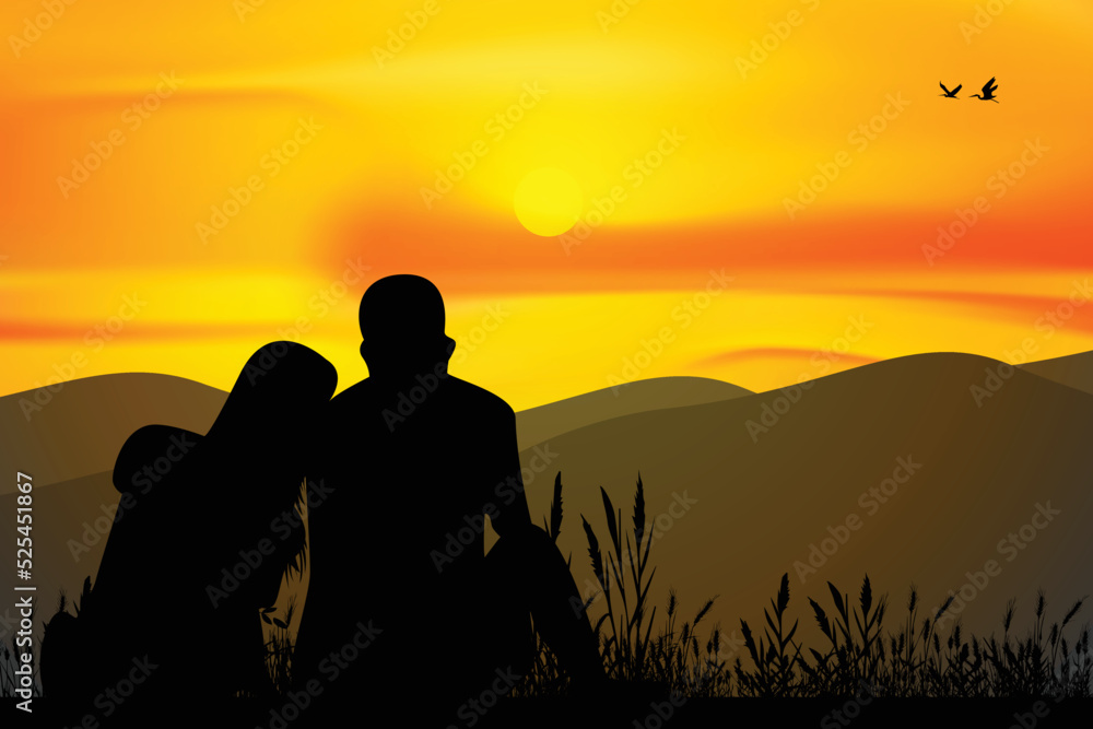 cute couple with sunset silhouette