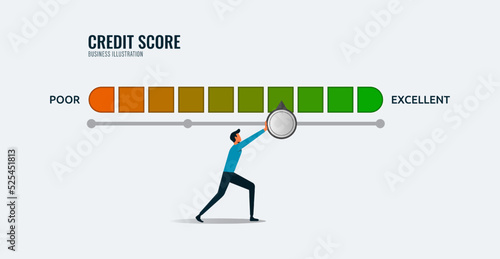 Man pushes credit score arrow gauge indicator with color level. Measurement from poor to excellent rating scale