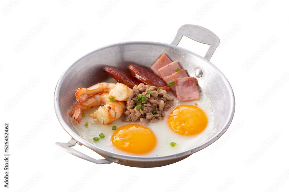 Indochina pan-fried egg with toppings isolated on white Indochina pan-fried egg with toppings isolated on white