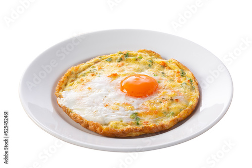 Omelet with Sunny side Up Fried Egg on plate isolated on white