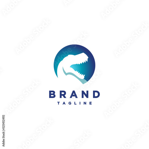 Tyrannosaurus Rex Head Silhouette inside Blue Circle Logo Design. Tyrannosaurus Silhouette inside Circle Logo Design.