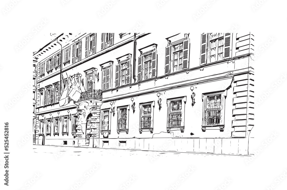 Building view with landmark Novara is the 
city in Italy. Hand drawn sketch illustration in vector.