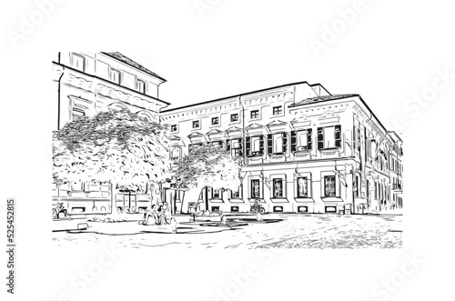 Building view with landmark Novara is the 
city in Italy. Hand drawn sketch illustration in vector.