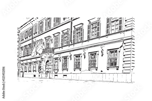 Building view with landmark Novara is the 
city in Italy. Hand drawn sketch illustration in vector.