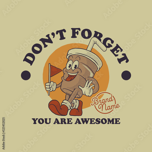 Cartoon emblem of happy beverage cup mascot with retro style