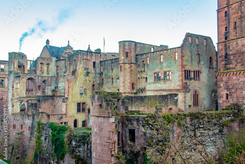 View of the Heidelberg Castle colorful architecture in Germany on a cold winter day