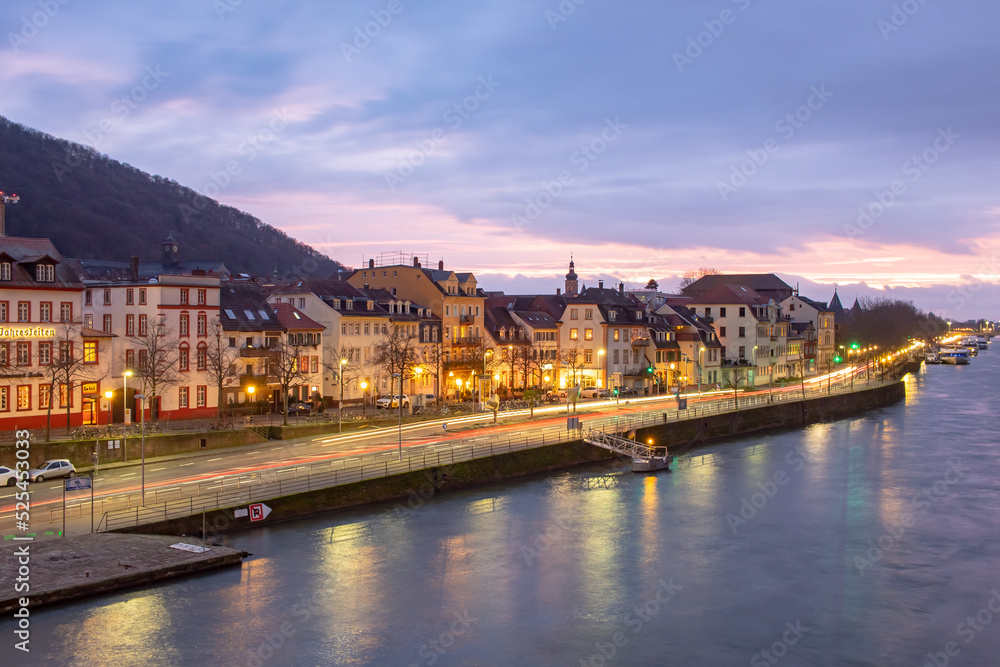 Pink and purple Heidelberg Germany city view and sunset along the Rhine River	