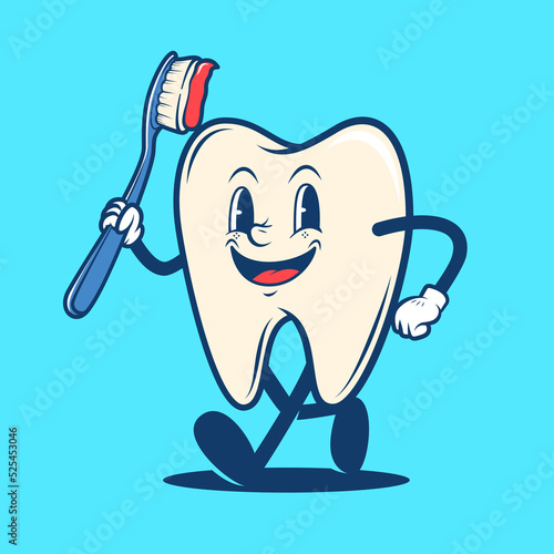 Retro vintage dental teeth mascot logo holding toothbrush illustration