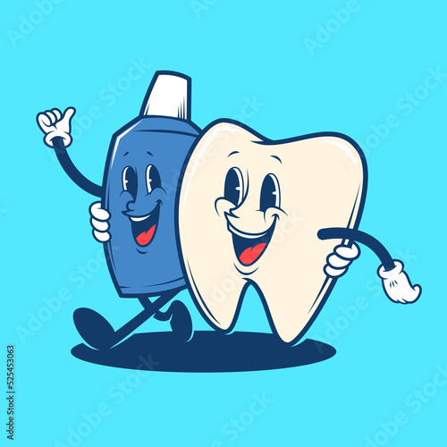 Retro vintage dental teeth and toothpaste mascot logo illustration