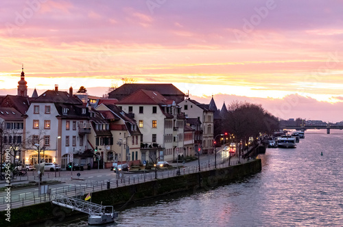 Pink and purple Heidelberg Germany city view and sunset along the Rhine River 