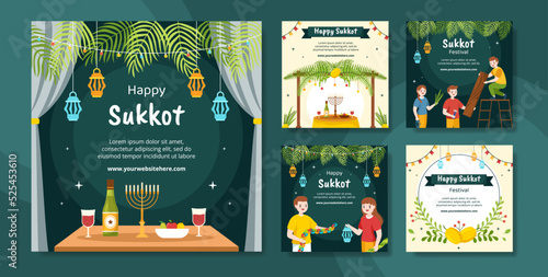 Jewish Holiday Sukkot Social Media Post Template Hand Drawn Cartoon Flat Illustration