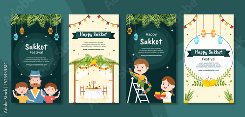 Jewish Holiday Sukkot Social Media Stories Template Hand Drawn Cartoon Flat Illustration