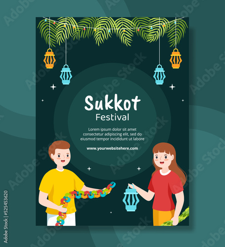 Jewish Holiday Sukkot Poster Template Hand Drawn Cartoon Flat Illustration