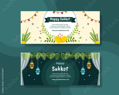 Jewish Holiday Sukkot Horizontal Banner Template Hand Drawn Cartoon Flat Illustration