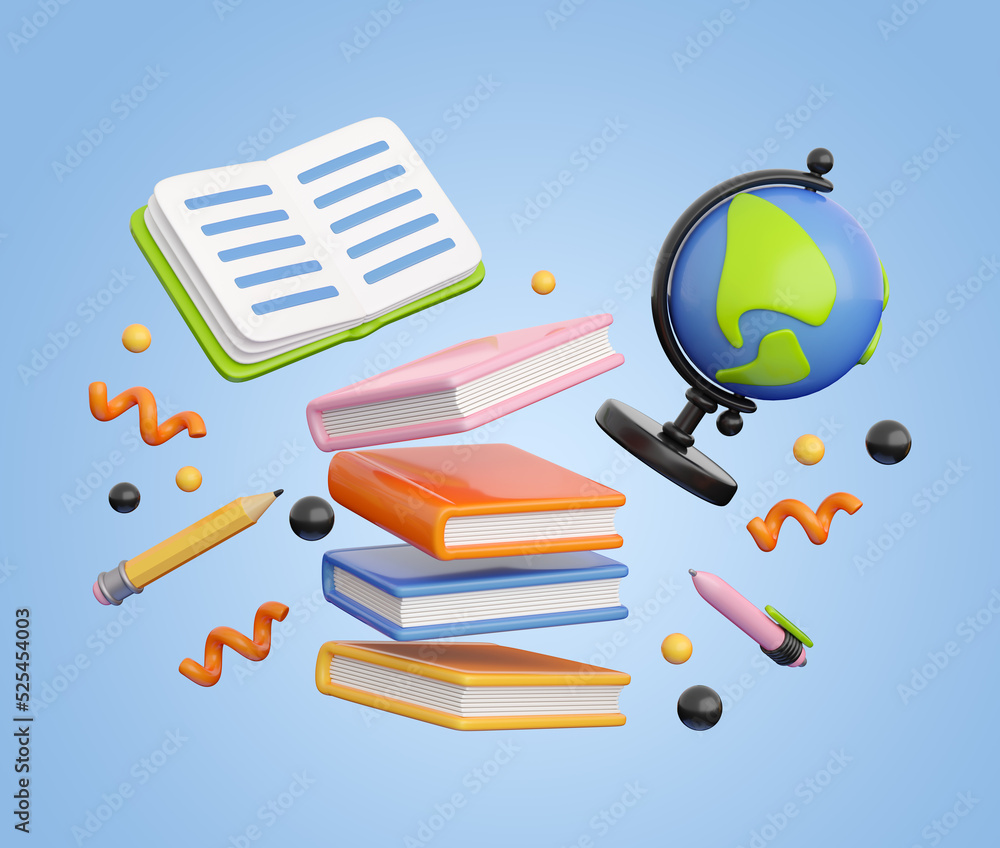 Concept of back to school, learning and onlline education banners. Books stack flying with writing accessories, globe and notebook. 3d high quality render Concept of back to school, learning and onlline education banners. Books stack flying with writing accessories, globe and notebook. 3d high quality render
