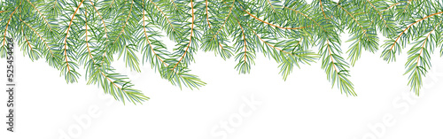 Fotografie Sprigs of coniferous Christmas trees watercolor seamless border