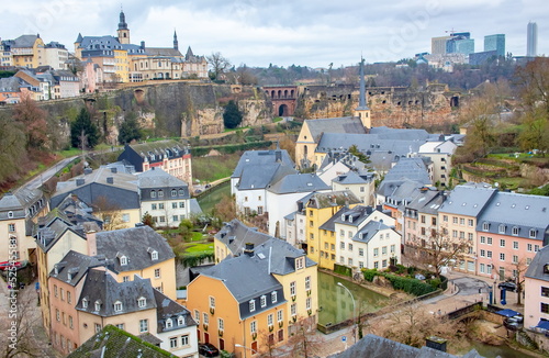 View of the colorful buildings and medieval architecture of Luxembourg City Europe