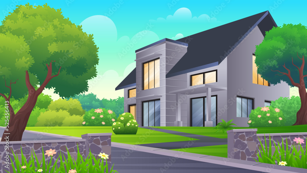 Modern village house with beautiful green yard, street and trees. real estate, architecture, advertising Concept Vector Illustrations 