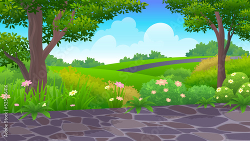 Terrace in city park, empty public place for walking and recreation with green trees, grass and flower Cartoon vector illustration