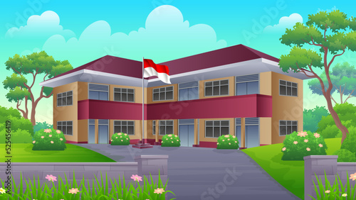 Modern Indonesian elementary school building with lush green lawns, grass and trees cartoon Illustration