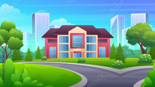Beautiful nature landscape Modern School Building With skyscraper buildings, Back To Education Concept cartoon Illustration